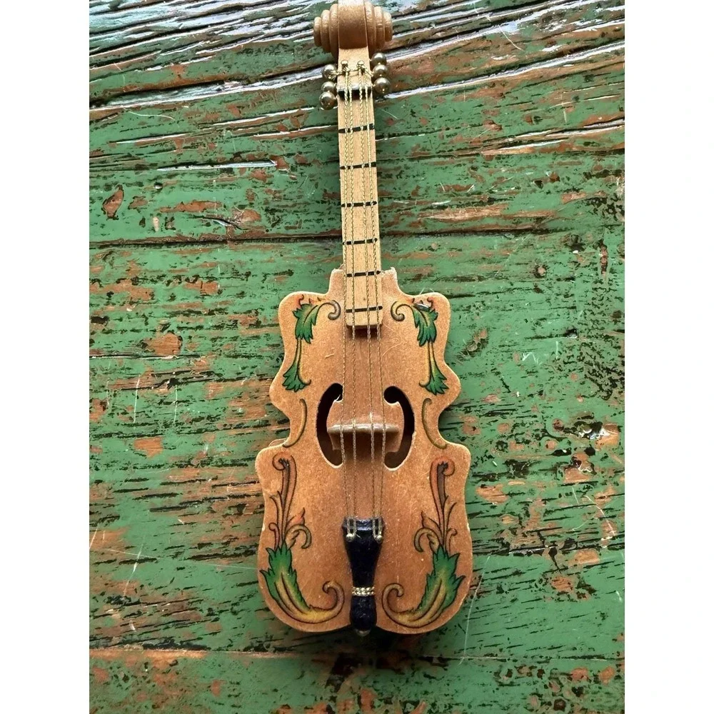 Vintage Violin Ornament Wood Leaf‎ Design Gold Tone Strings and Hanger Christmas